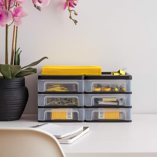 Image of IRIS USA 2-Pack, 3-Drawer Small Plastic Stacking Desktop Organizer, Black | Keep dorm desks tidy with drawers for school supplies, makeup, chargers, snacks and everyday college essentials