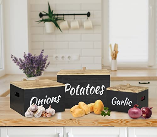 Potato And Onion Storage Set Of 3, Farmhouse Kitchen Storage Container Set For Potato Onion Garlic, Wood Potato Storage With Lid, Onion Storage Garlic Keeper, Potato Box, Onion And Potato Storage #TOP3