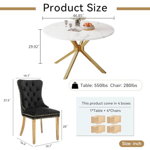 Image of 5-Piece Round Dining Table Set for 4, Luxury Faux Marble Kitchen Table Set for 4 with Black Velvet Chairs, 45 inch Circle Dining Room Tables with White Marble Top and Gold Stainless Steel Cross Legs