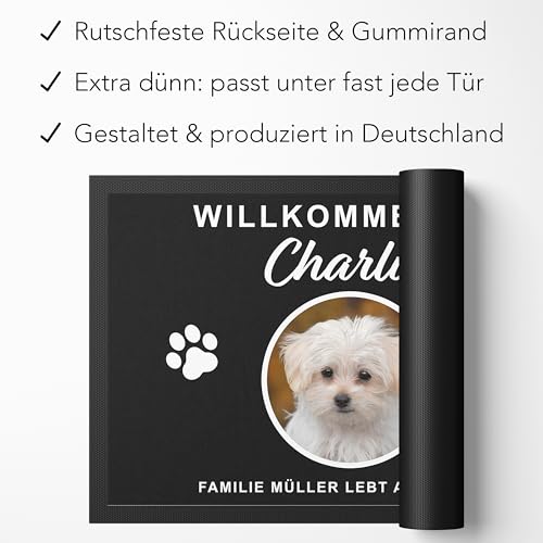 DEL MÀ Unique & Personal Fußmatte Hund personalisiert Einweihungsgeschenk Wohnung Hunde Geschenk zum Einzug ins Haus Fußabtreter Haustür Schmutzfangmatte für Innen 60x40 cm (1 Hund)