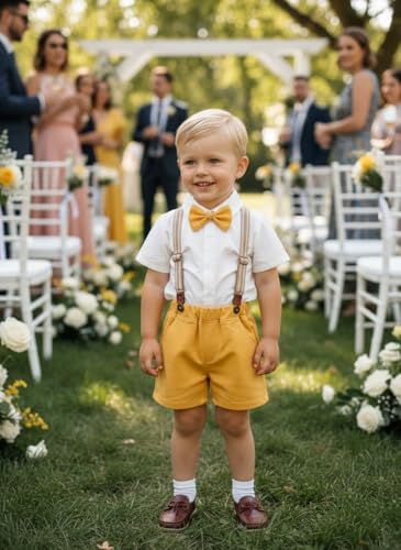 Image of Volunboy Baby Boy Formal Short Set Toddler Summer Gentleman Outfit Kid Short Sleeve Bowtie Shirt Suspender Shorts Suit