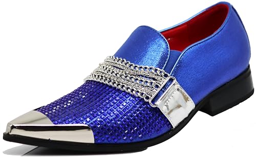 Image of Enzo Romeo Crisino Men Rhinestone Chrome Toe Suede Pointy Buckle Dress Loafer Slip On Shoes