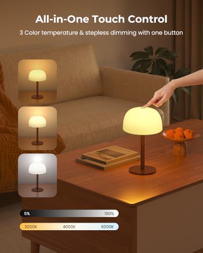 Image of Shower Lamp Waterproof, Cordless IP65 Shower Lights for Inside Shower, 7500mAh Rechargeable Battery, 3 White Tones & 15 RGB Stepless Dimming LED Table Lamp for Bathroom Home Indoor (Walnut)