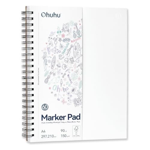 Ohuhu A4 Skizzenbuch Doppelseitig Durchschlagfest - 120 Seiten (60 Blatt) 150 g/m² Papier Säurefrei - ohne Durchdrücken, Spiralbindung für Alkoholmarker & Aquarell, Ideal für Illustration & Porträt