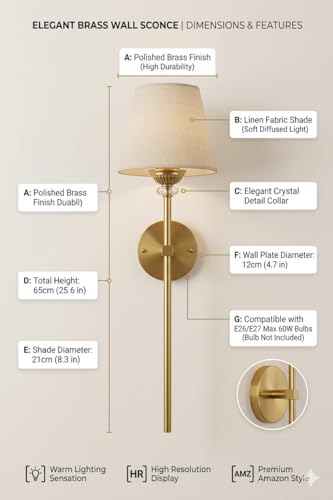 Image of DarkVision Luxury Modern Wall Lamp with Fabric Shade | Brass Finish Elegant Indoor Wall Light for Living Room & Bedroom | Metal Body | Warm Ambient Glow | E27 Wall Light (Pack of 1) (Without Bulb)