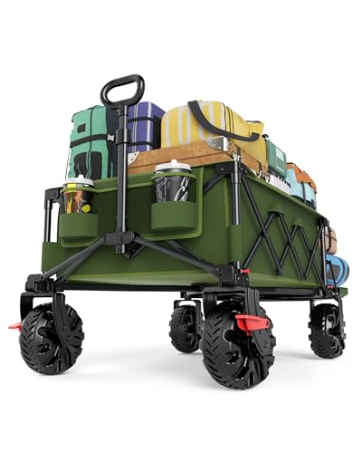Image of TIMBER RIDGE 600L Beast Wagon 26 inch W Extra Wide All Terrain Folding w /Big Wheels, Cargo Net & Tailgate, 400lbs Heavy Duty Portable Cart 54.5 inch L Large Collapsible Wagons for Camping, Sports, Dogs, Green