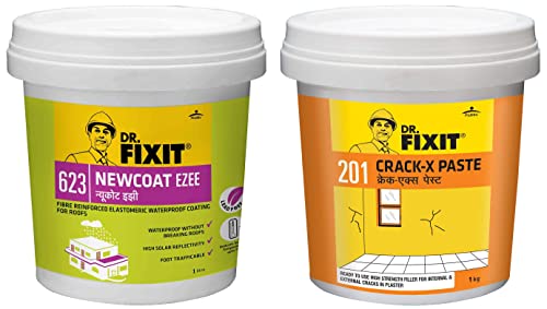 Image of DR. FIXIT 201 Crack X Paste, Ready to use crack filler for internal & external surface cracks on roofs - 1Kg & 623 Newcoat Ezee Waterproof Coating For Roofs - 1 L