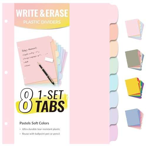 Sooez 8 Tabs Long-Lasting Plastic Write & Erase Large Tabs Dividers for 3 Ring Binder Aesthetic Cute Pastels Binder Dividers for Student Teacher Office Home Organizers 1 Set Pastels Color