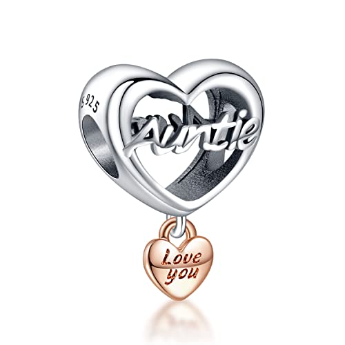 Annmors Charm Love You Auntie Heart 925 Sterling Silver Pendant Dangle Beads for European Bracelets and Necklaces Valentine's Day Mother's Day Gifts for Women