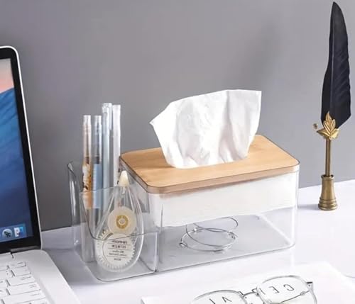 Image of 2-in-1 Tissue Box Holder with Side Storage | Transparent Plastic Tissue Organizer with Bamboo Lid | Multipurpose Desk & Bedside Storage for Remote, Mobile, Mask (Clear - 23.9 x 11.7 x 9.8 cm)