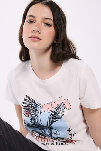 Springfield Camiseta de Manga Corta Eagle Print gráfica algodón, Beige Claro, M para Mujer