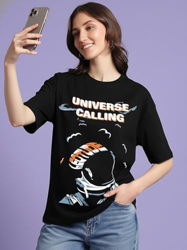 Image of LEOTUDE Women's Oversized Printed Round Neck Half Sleeve Baggy Fit Drop Shoulder Korean Style Oversized T-Shirt for Women's (Color: Black)