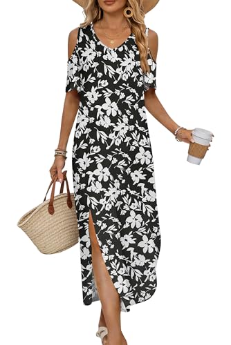 AUSELILY Long Maxi Summer Dresses for Women V Neck Cold Shoulder Short Sleeve Casual Floral Maxi Beach Dress White Black Flowers Large