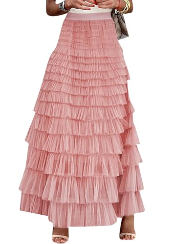 FLITAY Womens Flared Tiered Tulle Skirt Pleated Layered Mesh Skirts Elastic Waist Maxi Cake Skirt