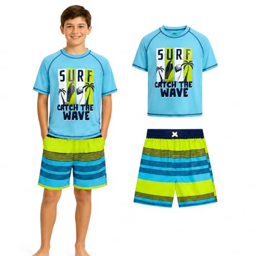 Image of Quad Seven Boys 2-Piece Rash Guard Swimsuit Set Short-Sleeve (Sizes 5-12) | Lightweight Quick-Dry Fabric with Sun Protection, Matching Top & Trunks, Adjustable Drawstring Waist for Pool or Beach Days