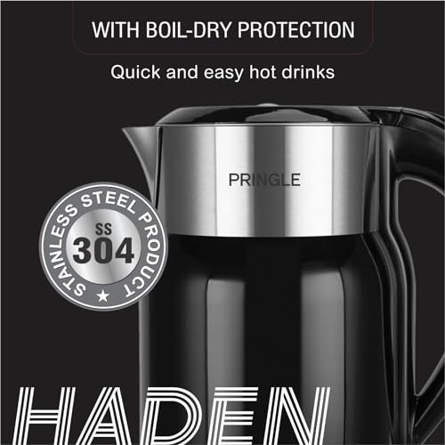 Image of Pringle Haden Electric Kettle Double Wall 1.8L With SS 304-1500W with Keep Warm Function,Boil Dry Protection &Auto-Shut Off| Concealed Heating Element| 360 Deg Cordless Base, (Black)