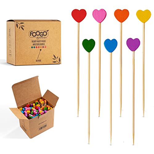 FOOGO Green 150pcs Bamboo Cocktail Sticks, FSC® Certified, 9cm Fancy Multi-Coloured Heart skewers, Cocktail Accessories for Drinks, Party Food Picks, Sturdy compostable Eco-Friendly Wooden Sticks