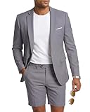 MY'S Men's 2 Piece Slim Fit Suit, One Button Blazer and Short Pants Set with Tie Light Grey