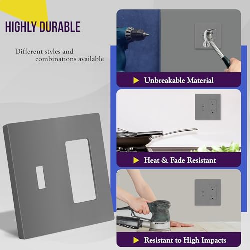 Image of ENERLITES Combination Toggle Light Switch /Decorator Light Switch Plate, Double Switch Wall Plate, Standard Size 2-Gang 4.68 inch x 4.73 inch, Polycarbonate Thermoplastic, Gloss Finish, SI881131-GY, Gray
