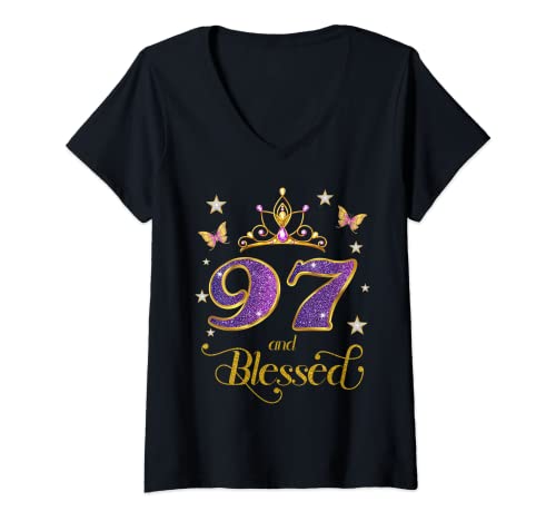 Mujer 97 y Beato 97 Años Cumpleaños 97 Camiseta Cuello V