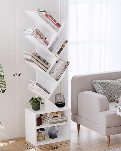 Image of SUNMORY 6 Tier Tree Bookshelf, Tall Small Bookcase with Storage Cabinet | Modern Narrow Bookshelves Organizer, Floor Standing Book Case Shelf for Bedroom Living Room Home Office Corner, White