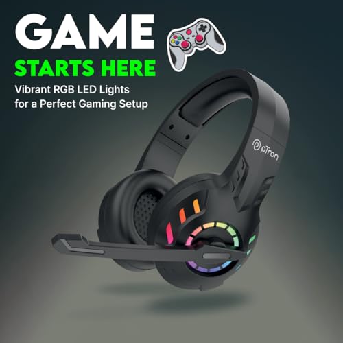 Image of pTron Studio Sports Wireless BT Gaming Over-Ear Headphones, 30MS Low-Latency for Thrilling Gaming Experience, RGB Lights, Boom HD Mic w /AI ENC, 60Hr Playtime, Punchy Sound, Type-C Fast Charging(Sable)