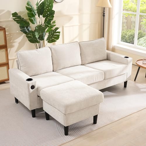 Yihomfy Canapé d'angle, Canapé 3 Places avec Repose-Pieds Droite ou Gauche, Canapé en L avec Ports USB et Type-C, Deux Porte-gobelets, pour Salon, Appartement, Lounge...