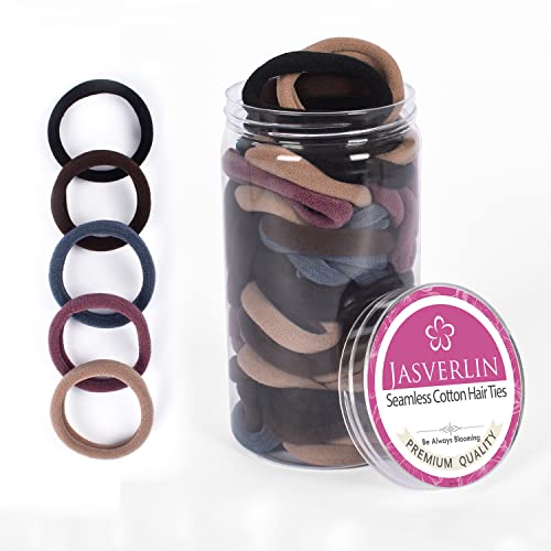 JASVERLIN 100 Pcs Dark Brown No Damage Hair Ties Cotton Ponytails Holders Seamless Soft Thick Hair Bands