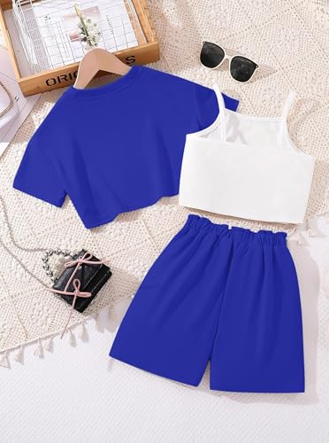 Image of Girl's Summer 3 Piece Outfits Graphic Short Sleeve Crop Top Cami and Shorts Clothes Set