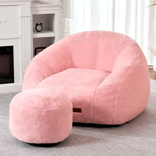 Image of HABUTWAY Bean Bag Chair, Giant Bean Bag Chairs for Adults with Ottoman, Comfy Faux Fur Shell-Shaped Bean Bag Couch, Sofa Chair for Living Room, Bedroom, Pink