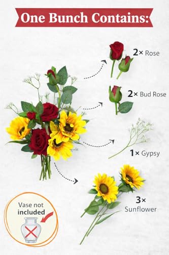 Image of Divyakosh Artificial Flowers for Home Decoration, Flora for Decor | Artificial Flowers for Vase (VASE NOT Included) Decorative Items for Living Room. Sunflower and Red Rose Bunch with Baby Breath |
