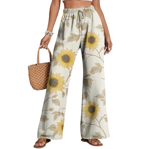 Womens Sunflower Print Pants Summer Boho Floral Graphic Casual Trousers Wide Lege Drawstring Waist Pant Lightweight