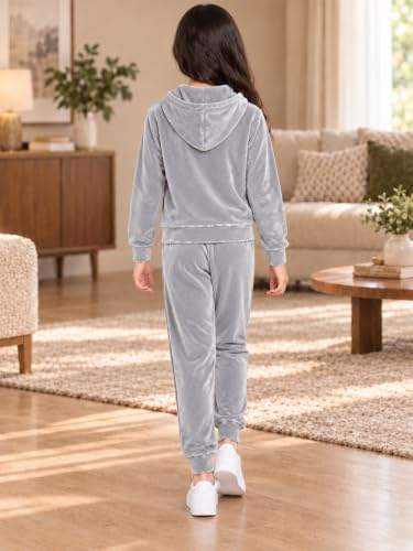 Image of Kuchipoo Girls Velvet Zipper Hooded Sweatshirt & Jogger Set | Soft Velour Zip-Up Hoodie with Kangaroo Pockets & Pajama | Warm Full Sleeve Winterwear