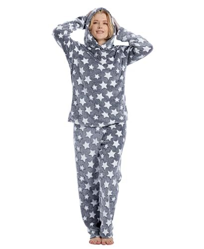 Istylish Womens Pajamas Fleece Set Jogger Sets Pajamas For Women Sets Soft 2 Piece With Hoodie(Shimmer Dark Grey Stars L)