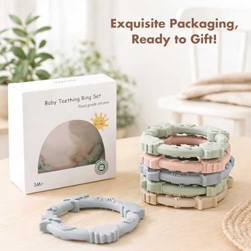 Image of Silicone Teethers for Babies 0-6 6-12 Months Teething Toys for Infants Baby Chew Toys for Sucking Needs Baby Teething Rings for Infant Boys and Girls 3 Pack-Dinosaur-Blue