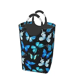 Blue Purple Butterfly Canvas Laundry Basket Foldable Large Laundry Hamper With Handles For Home College Dorm