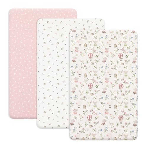 Image of PHF 3 Pack Soft Mini Crib Sheets, Floral & Animal Pack N Play Sheets for Baby Boys Girls, No Slip Universal Fit for Pack N Play, Playard, Portable and Mini Crib Mattresses,Floral & Animal