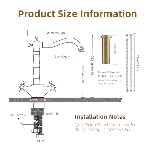 KOPYFANTAP Robinet de Lavabo en Laiton Antique, Robinet Cuisine Laiton Rétro à Double Poignée, Rotatif à 360° Mitigeur en Bronze de Salle de Bain Chaud et Froid – Image 3