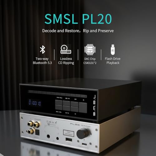Image of SMSL PL20 HiFi CD Player for Home, CD Ripper, Bluetooth Car CD Players, 2*CS43131 Chip, USB Drive /Bluetooth Input RCA /BT /3.5mm /4.4mm Balanced /Optical /Coaxial Digital Output, Black