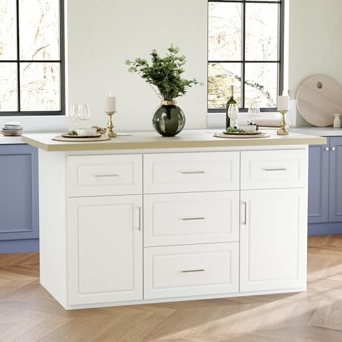 AIEGLE Kitchen Island, 2-Door Stationary Kitchen Islands with Drawers, Adjustable Shelf & Stone-Patterned Glossy Countertop, 66.9' Wide Island Table with Seating Space, White & Beige