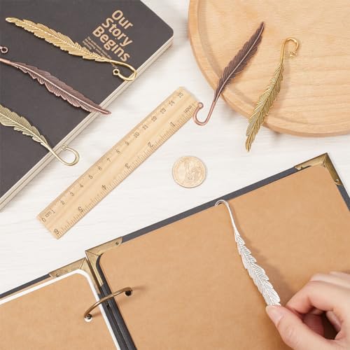 SUNNYCLUE 8Pcs Silver Feather Bookmarks Hook Bookmark Bulk Alloy Leaf Tibetan Style Gold Bronze Metal Book Mark with Loop Vintage Retro Bookmark Findings for Crafts Book Reading Teacher Student Gift - Image 3