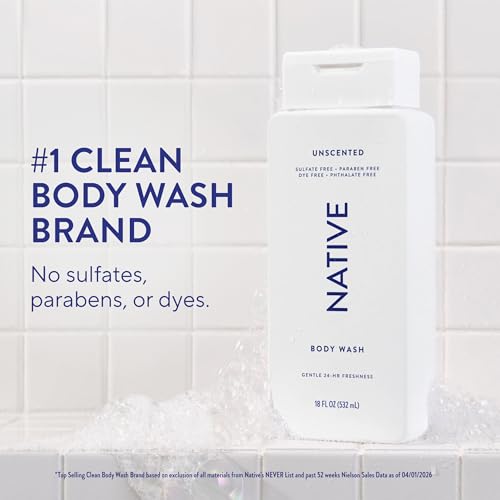 Image of Native Body Wash Contains Naturally Derived Ingredients | For Women & Men, Sulfate, Paraben, & Dye Free Leaving Skin Soft and Hydrated |Unscented 18 oz