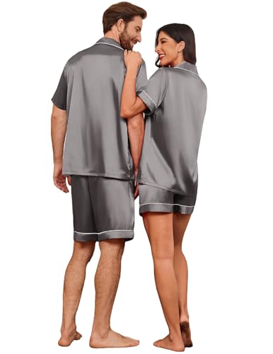 Image of Ekouaer Couple Matching Pajamas Sets Silk Short Sleeve Button Down Sleepwear Satin Pjs Shorts Set Soft Loungewear S-XXL