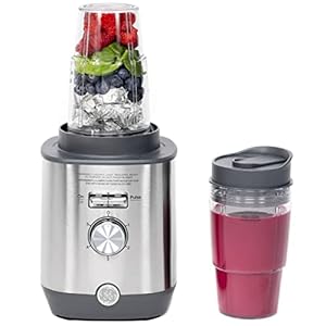 GE 5-Speed Blender + 2 16 Oz Cups | Kitchen Blender for Shakes, Smoothies & More | 64 Oz Jar, 8-10 Servings | Stainless Steel Blades & Exterior | 1000 Watts