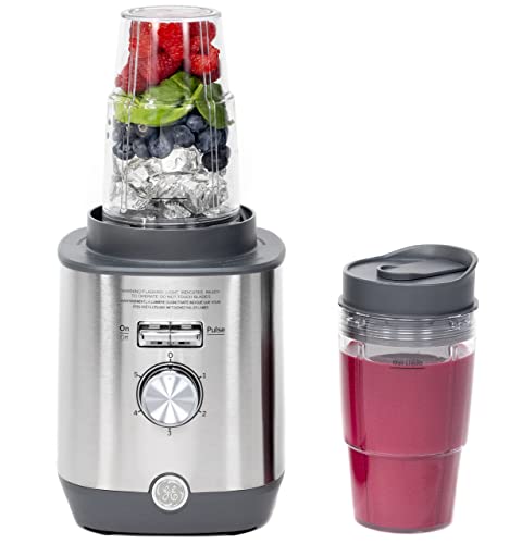 GE 5-Speed Blender + 2 16 Oz Cups | Kitchen Blender for Shakes, Smoothies & More | 64 Oz Jar, 8-10 Servings | Stainless Steel Blades & Exterior | 1000 Watts