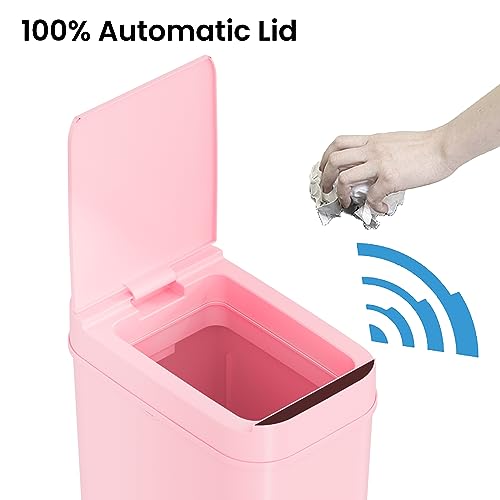 Image of iTouchless 3 Gallon Sensor Pink Bathroom Trash Can, 10 Liter Small Touchless Smart Slim Bedroom Garbage Waste Basket Bin with Motion Lid