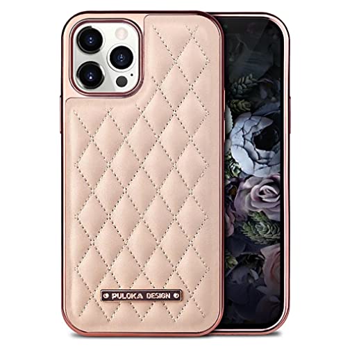 Image of PULOKA iPhone 14 Pro Vegan Leather Back Cover Royal Diamond Pattern with Electroplated Case Compatible for Apple iPhone 14 PRO 6.1 inchinch - Pink