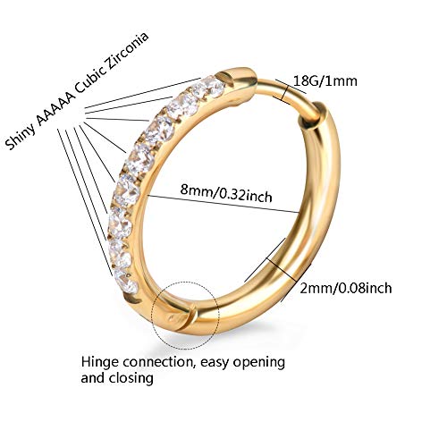 Image of Hypoallergenic Unisex Surgical Steel Small Cubic Zirconia Huggie Hoop Earring, Color Gold - Silver - Rose Gold - Black - Rainbow, Size 6mm- 12mm Safe for Sensitive Ear