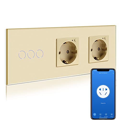 BSEED Smart Alexa Lichtschalter mit Steckdose,WIFI Lichtschalter mit Doppel Steckdose Kompatibel mit Alexa,Google Home,Smart Touchscreen-Schalter,3 Fach 1 Weg Gold(Neutrale Leitung benötigt)