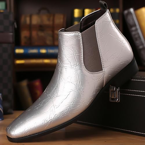 Men's Patent Leather Low Chunky Heel Chelsea Boots Fashion High Gloss Slip-on Business Dress Oxford Boots for Wedding Prom Party Business Work4